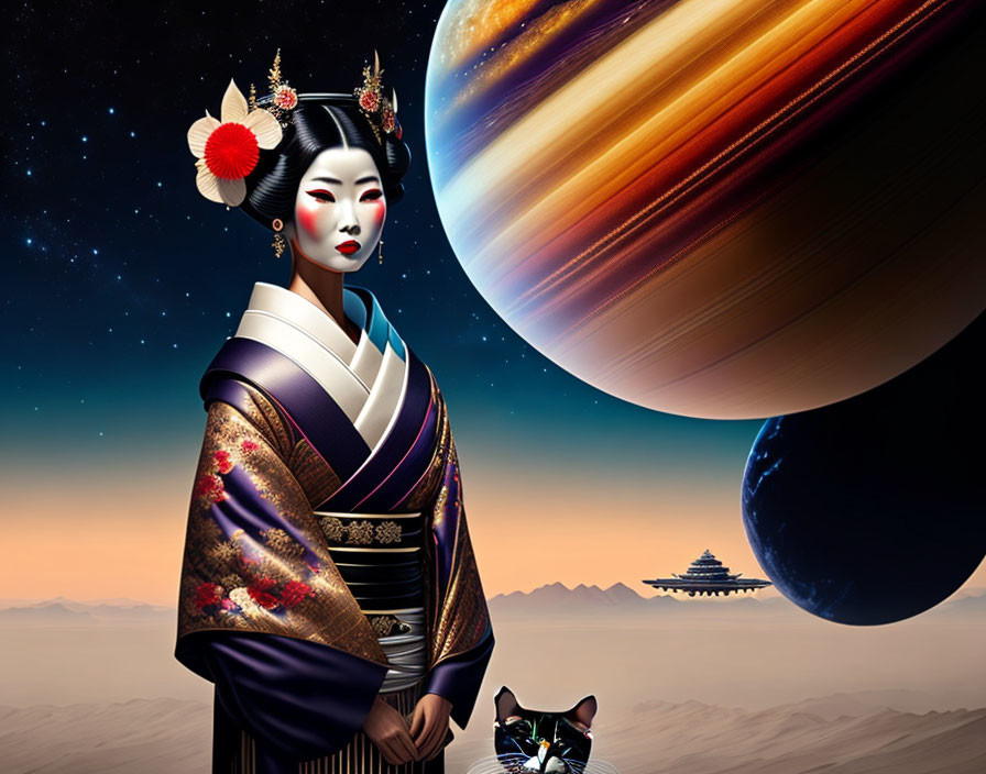 Geisha with Cat in Surreal Planetary Landscape