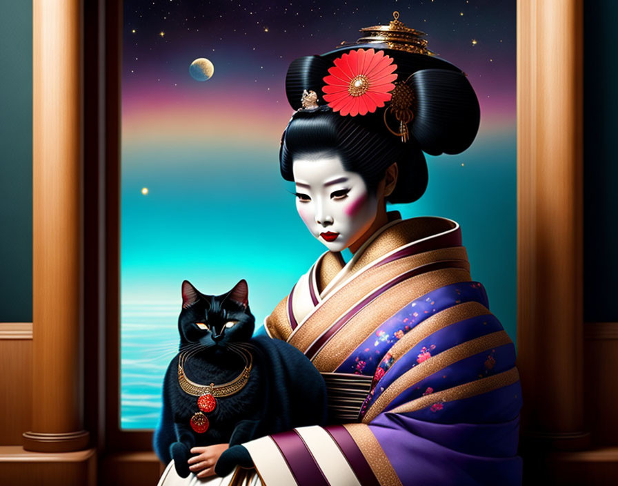 Traditional geisha illustration with black cat under crescent moon