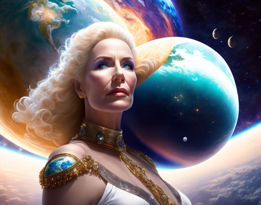 Pale-skinned woman in golden armor against cosmic backdrop