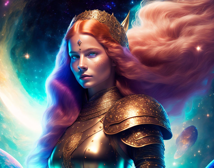 Regal woman with red hair in golden armor against cosmic backdrop
