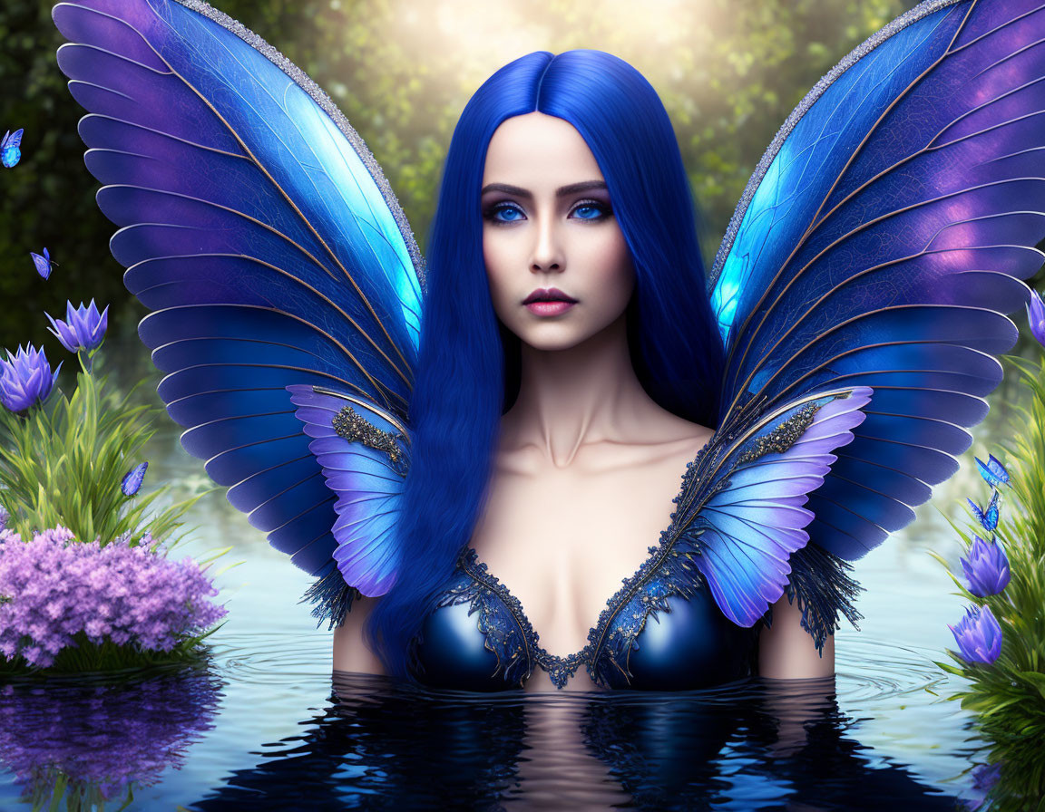 Fantastical female figure with blue hair and butterfly wings in lush floral landscape