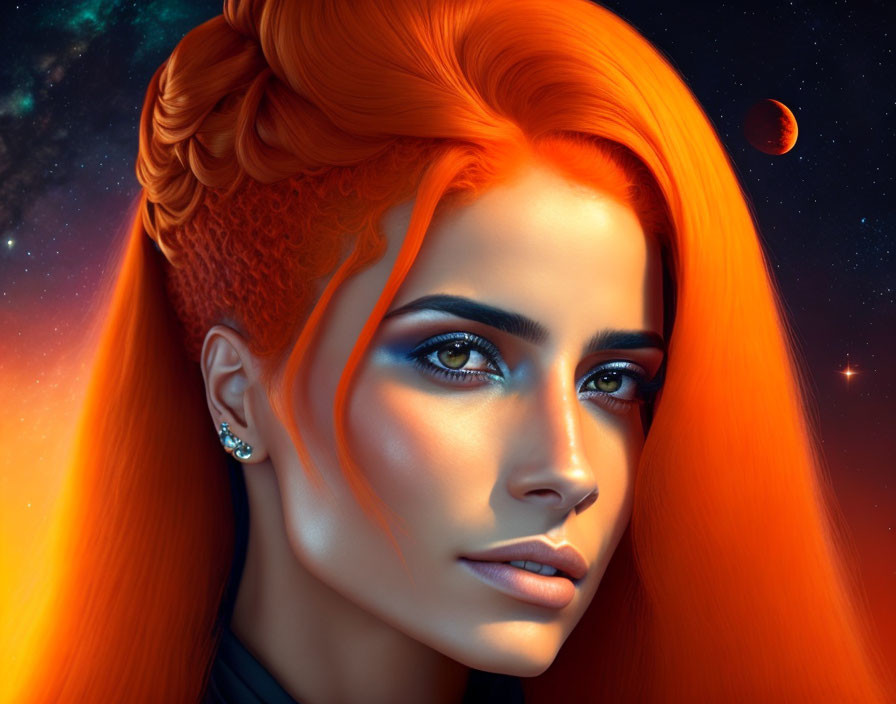Vibrant orange hair woman portrait in cosmic setting