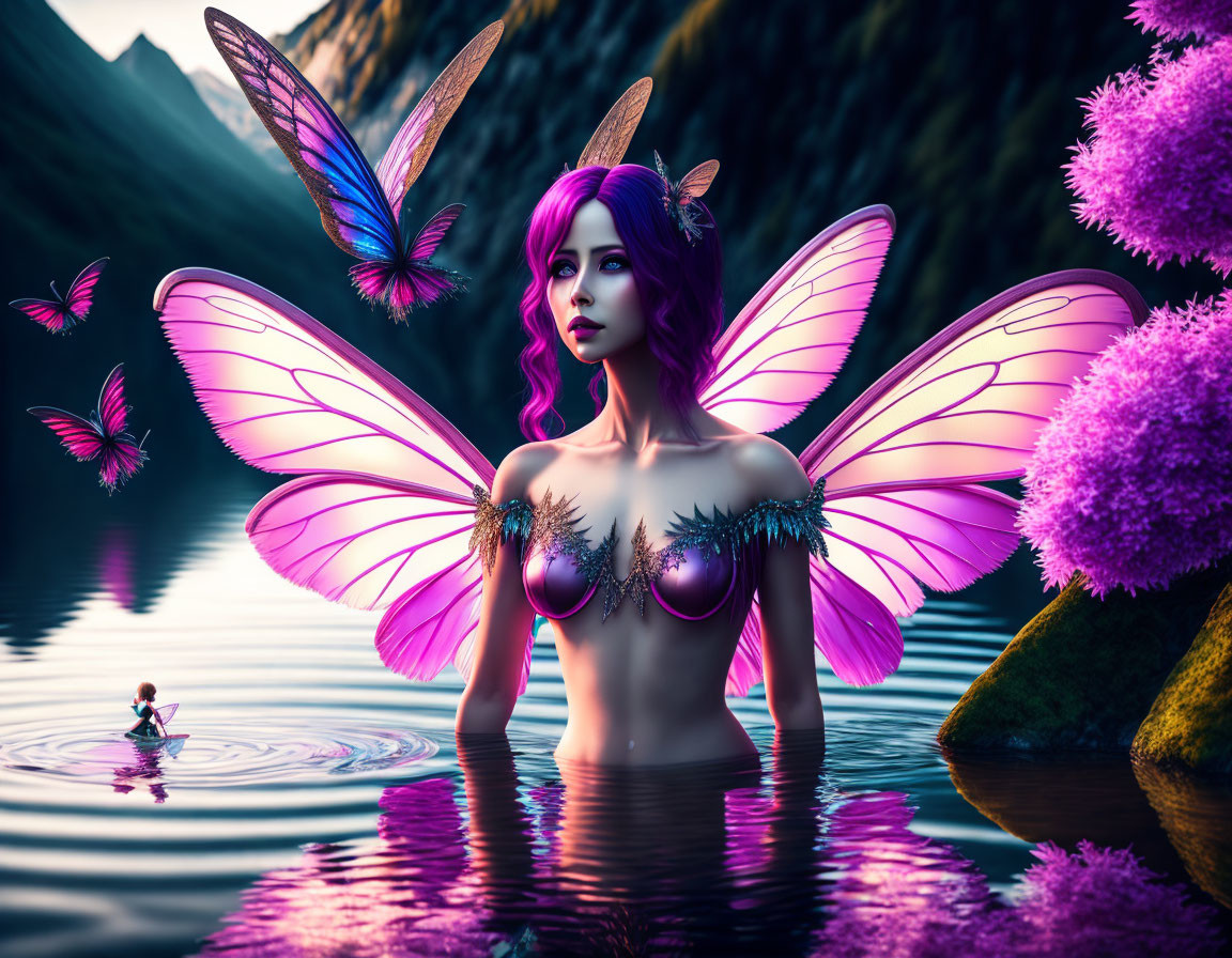 Purple-haired fairy with pink wings in a mountain lake surrounded by butterflies