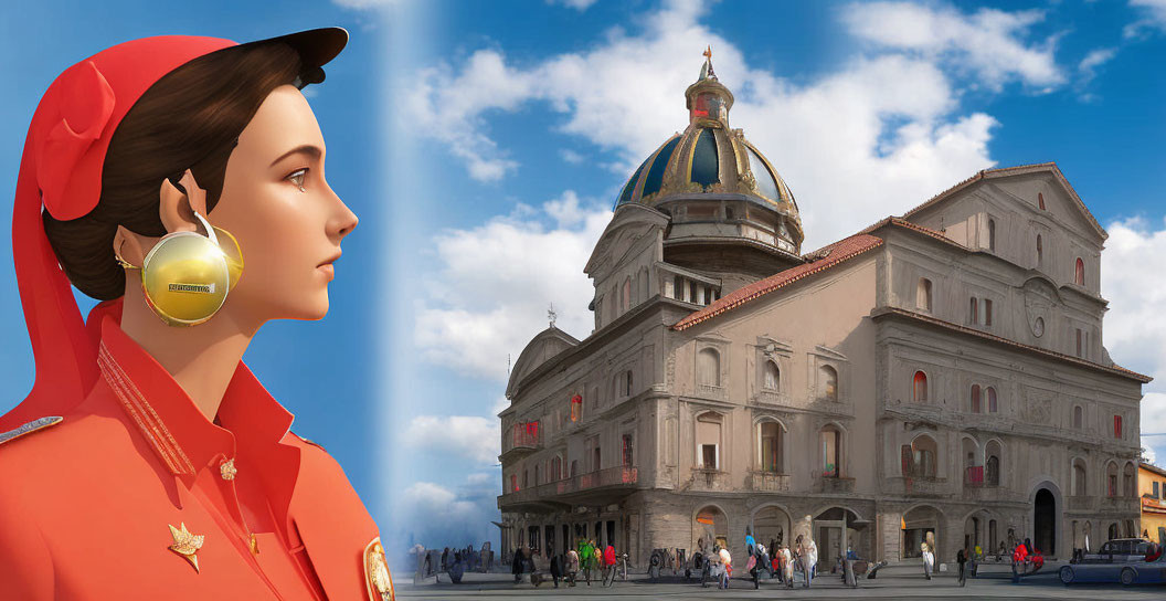 Illustrated woman in red outfit with cap and golden earrings against historical architecture and pedestrians background.