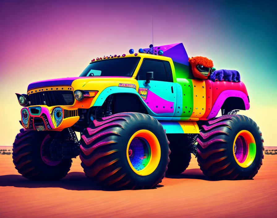 Multicolored monster truck on desert landscape under pink sky