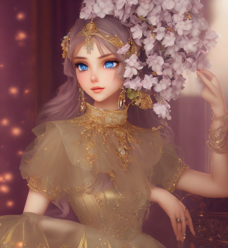 Illustrated character with large blue eyes and lilac flowers in golden-accented outfit