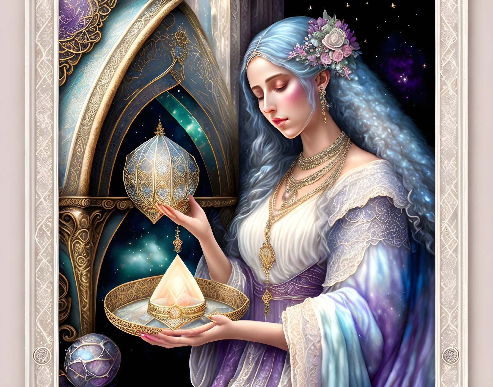 Blue-haired woman in purple gown holding artifact in celestial-themed room