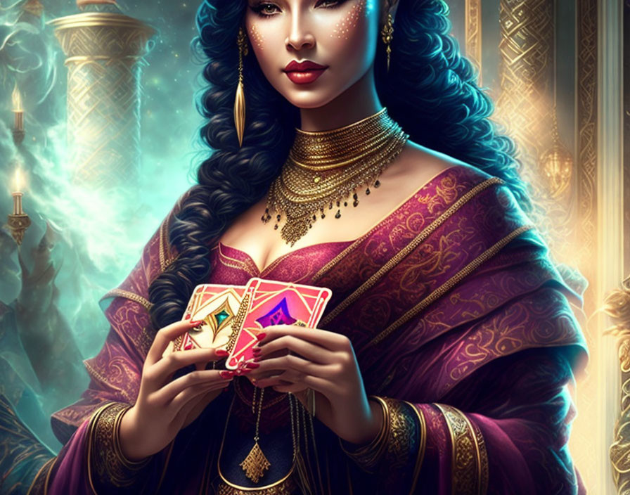 Illustrated woman with braid in purple dress holding ornate cards in mystical setting