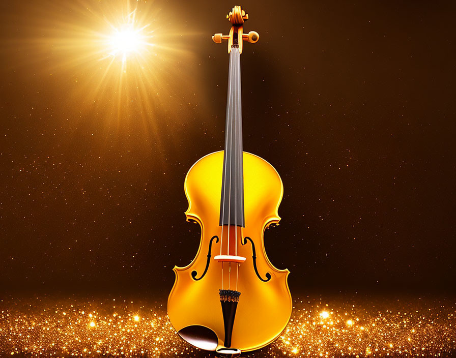 Golden Violin Against Sparkling Dark Background with Light Flare