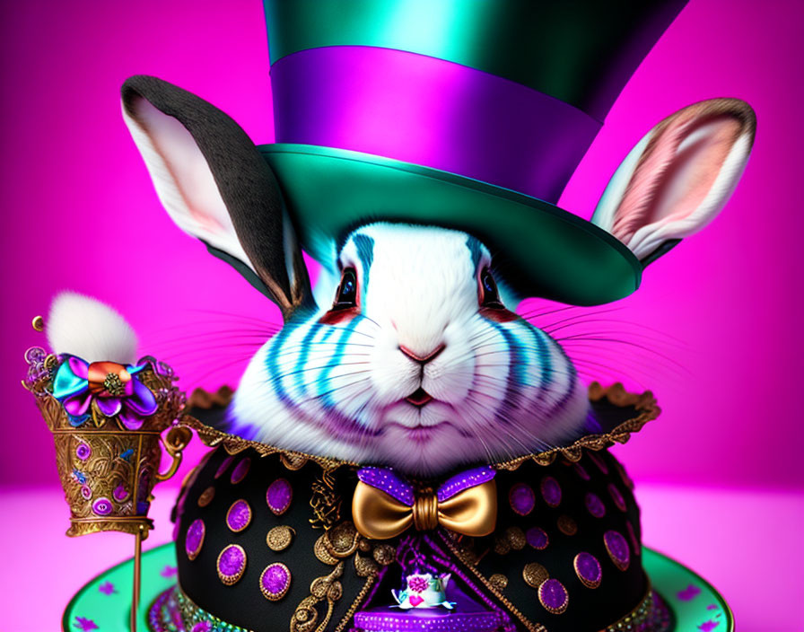 Whimsically Dressed Rabbit in Green Top Hat on Pink Background