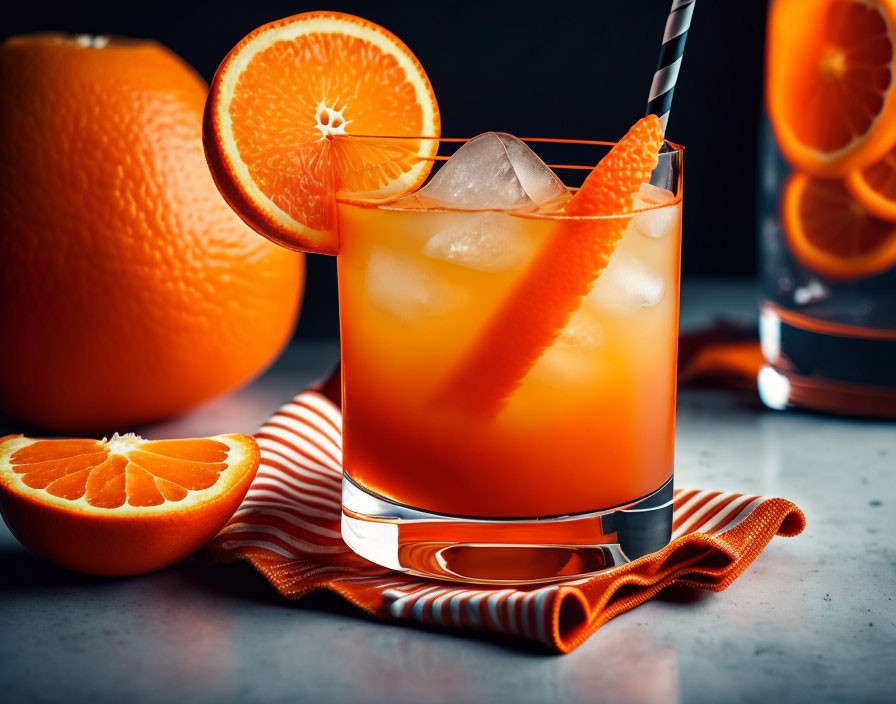 Refreshing glass of orange juice with ice and orange slice, whole and halved oranges on dark background