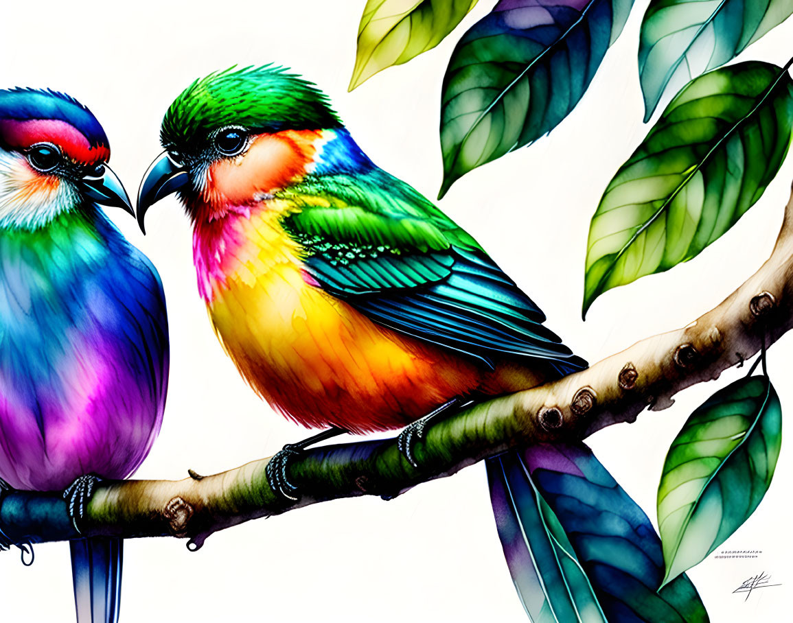 Colorful Birds Perched on Branch with Green Leaves in Artistic Style