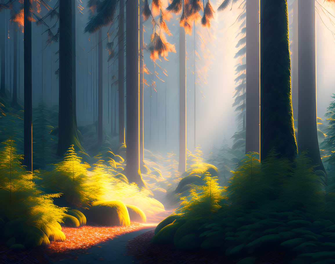 Misty forest scene with sunlight filtering through tall trees