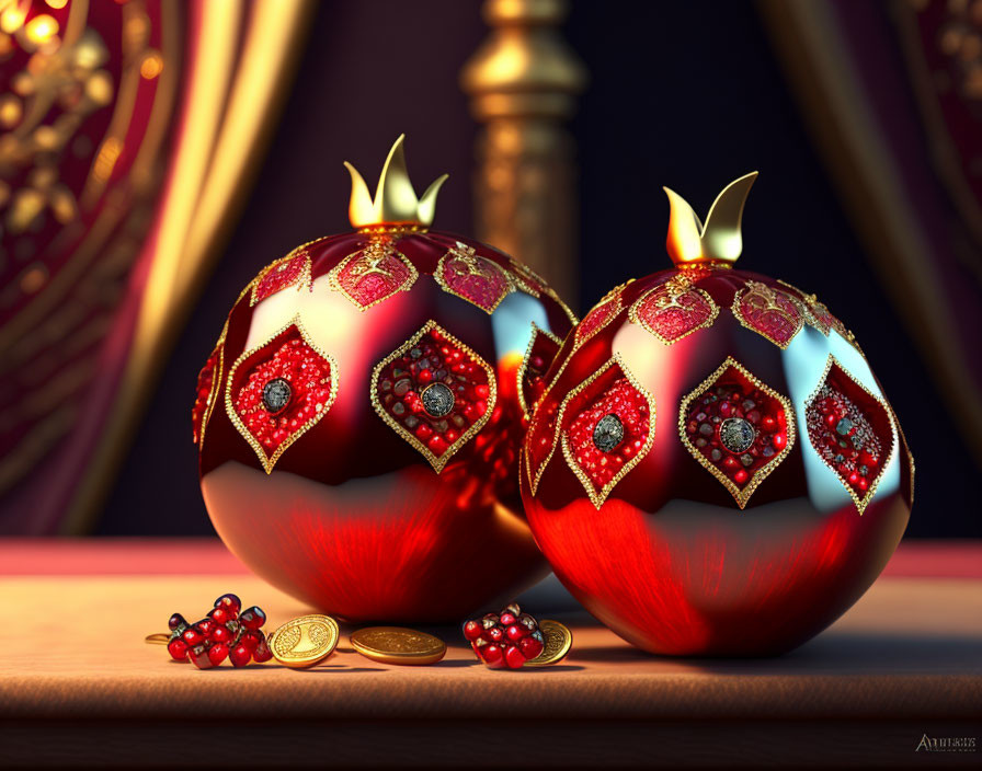 Royal-themed Christmas baubles with jewels and crowns on wooden surface.