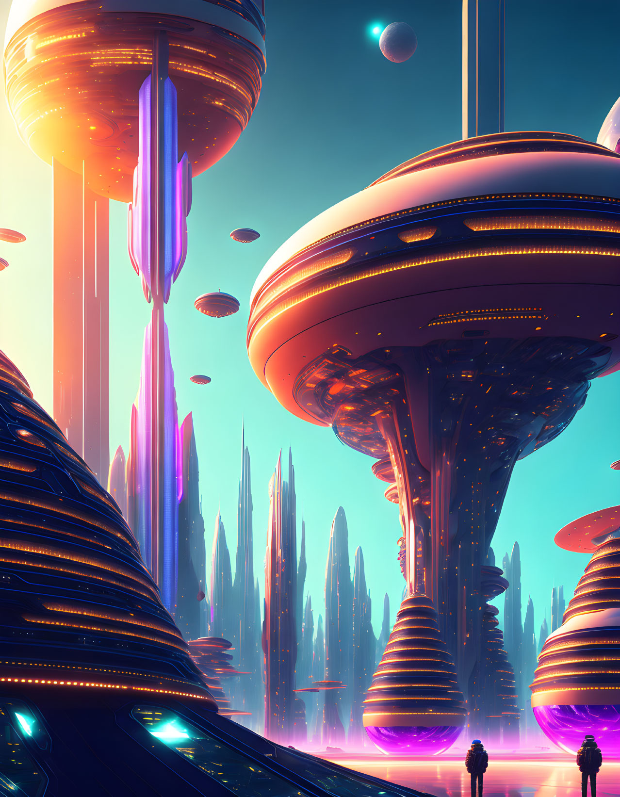 Vibrant neon-lit futuristic cityscape with towering structures and floating orbs
