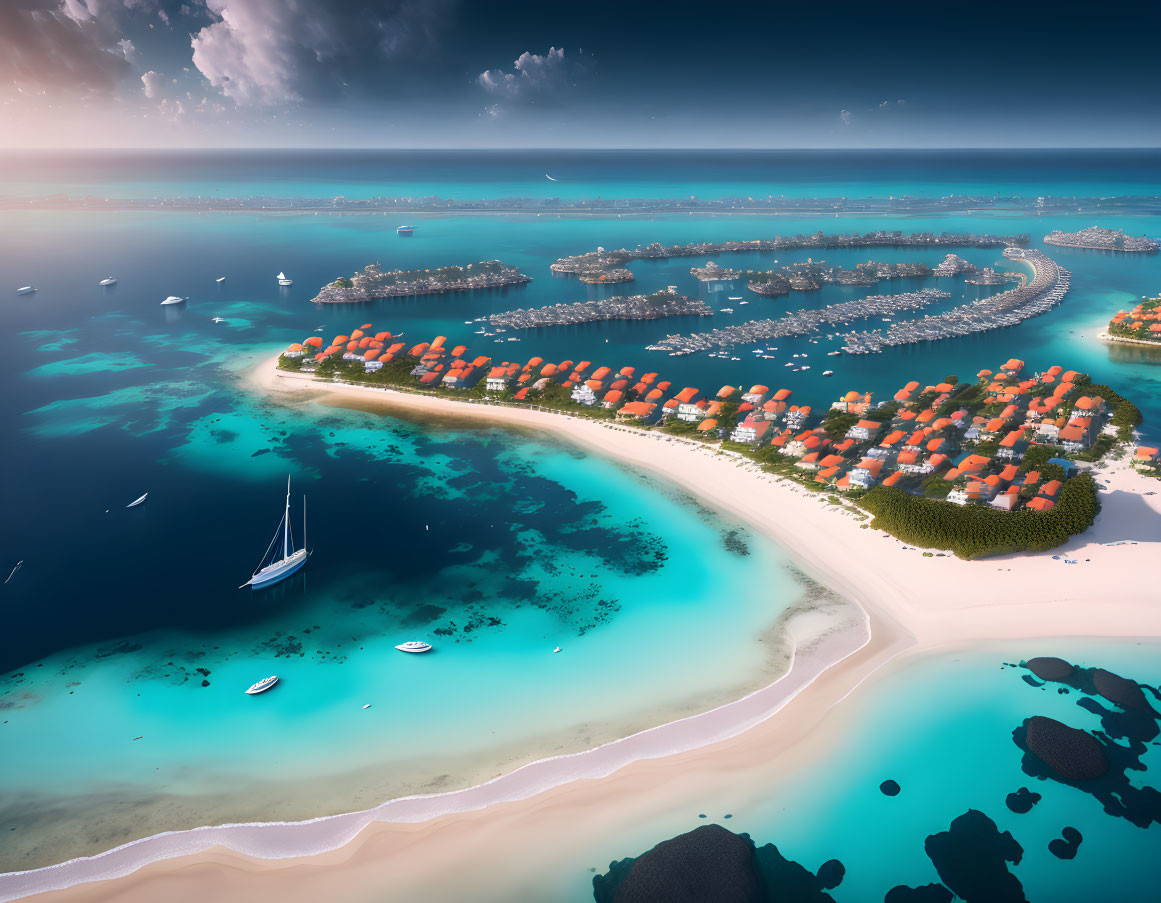 Scenic tropical coastline with sandy beaches, clear waters, yachts, and orange-roofed houses