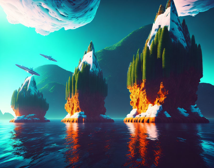 Surreal landscape with green mountains, lava flows, blue waters, and alien-like rocks