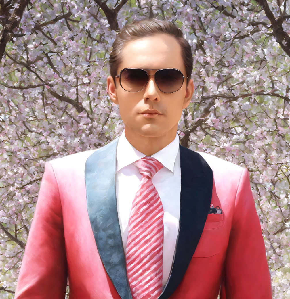 Man in sunglasses in tri-color suit against cherry blossom backdrop