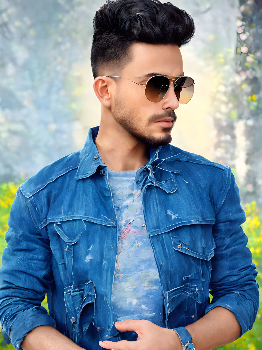 Modern man in denim jacket and sunglasses poses confidently outdoors