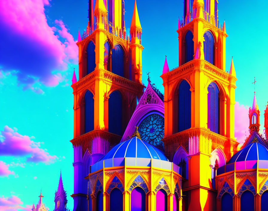 Vivid, Colorful Gothic Cathedral with Towering Spires and Pink Clouds