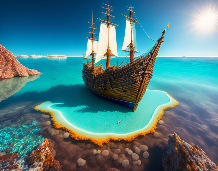Vintage sailing ship stranded on sandbar in clear blue water under bright sun.