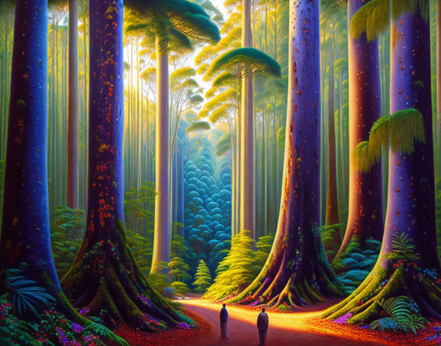 Enchanting forest with towering trees and small figures walking on luminous path