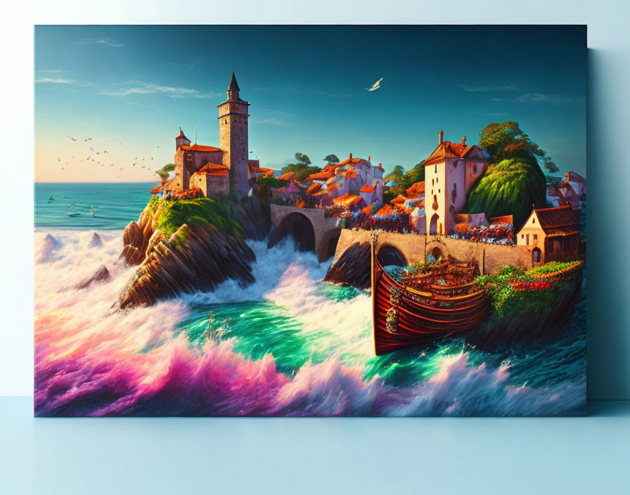 Colorful coastal village painting with lighthouse, orange-roofed houses, boat, waves, and