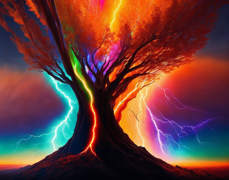 Colorful Rainbow Tree with Electric Sky and Lightning Bolts