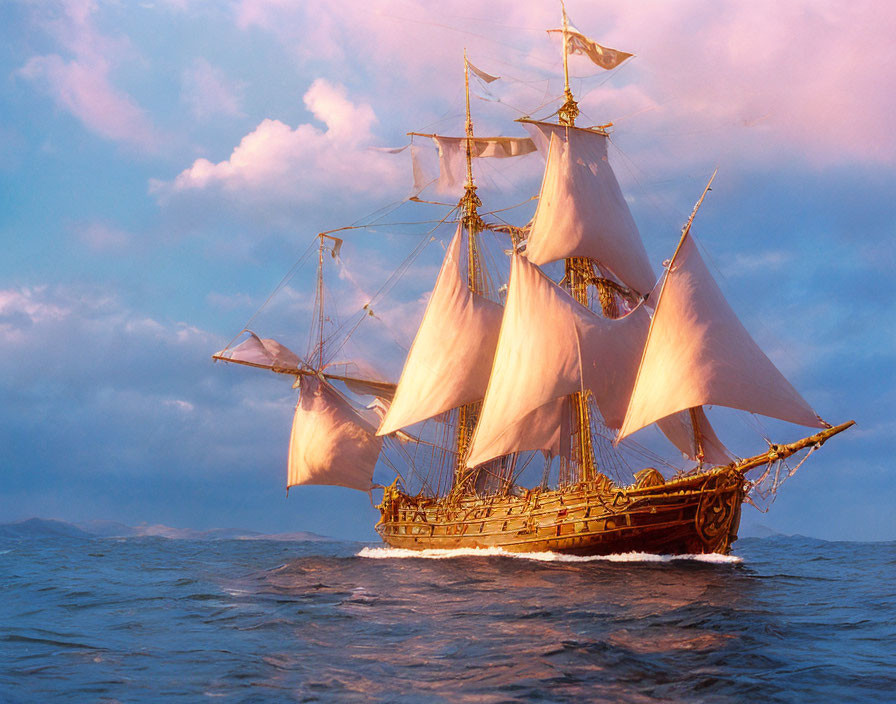 Tall ship with billowing sails on open sea under glowing sky
