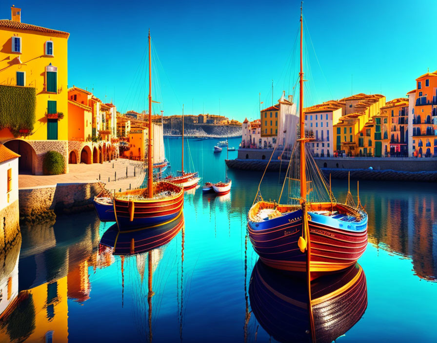 Vibrant boats in calm harbor with mirrored reflections and colorful buildings under blue sky