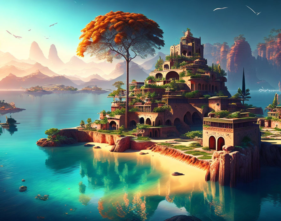 Tranquil fantasy landscape with terraced city, golden tree, blue waters, distant mountains