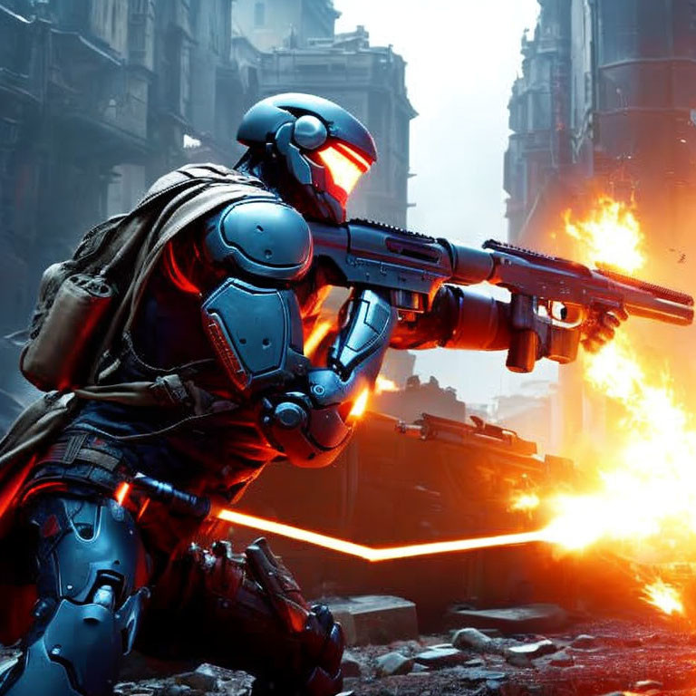 Futuristic soldier in blue armor with gun in dystopian cityscape