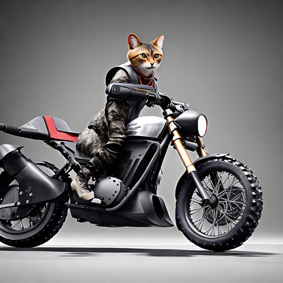 Cat in jacket on black motorcycle - humorous biker impression