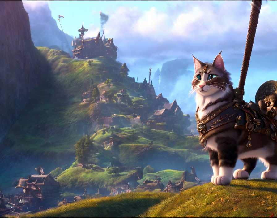 Animated Cat in Elaborate Armor on Fantasy Landscape