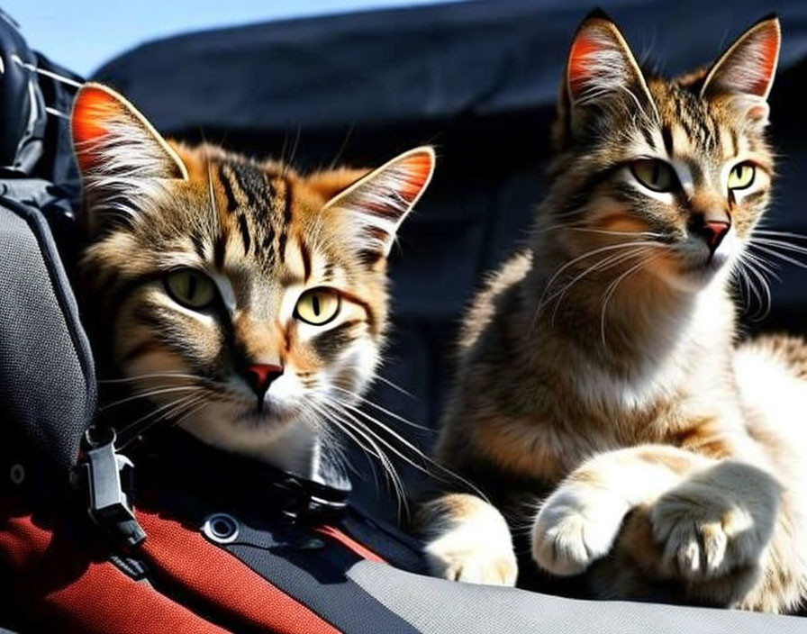Two striped cats with vivid amber eyes beside a black and red backpack in sunlight