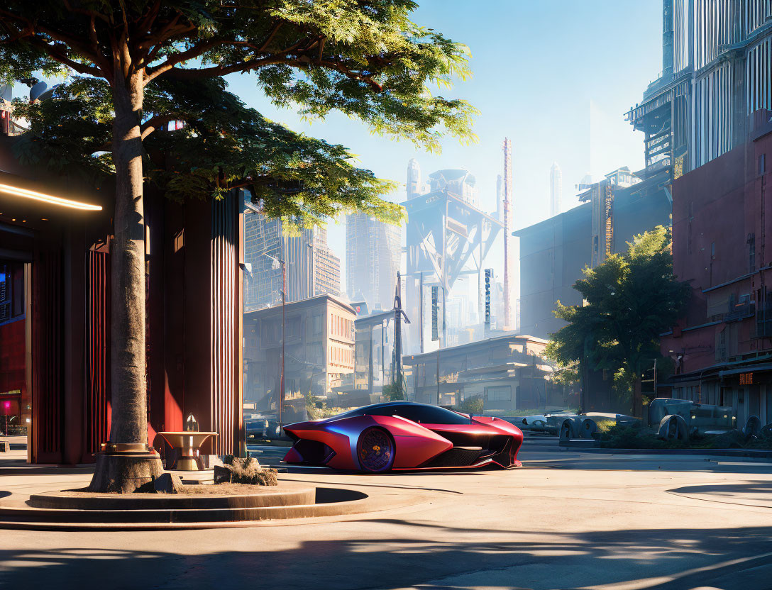 Futuristic red car on sunlit urban street with skyscrapers, tree, and fountain
