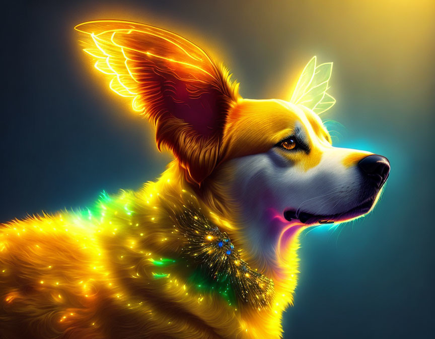 Colorful digital artwork: Dog with glowing wings and iridescent fur