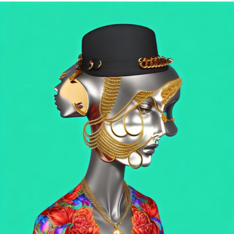 Digital artwork: Metallic female mannequin head with top hat, gold jewelry, floral garment