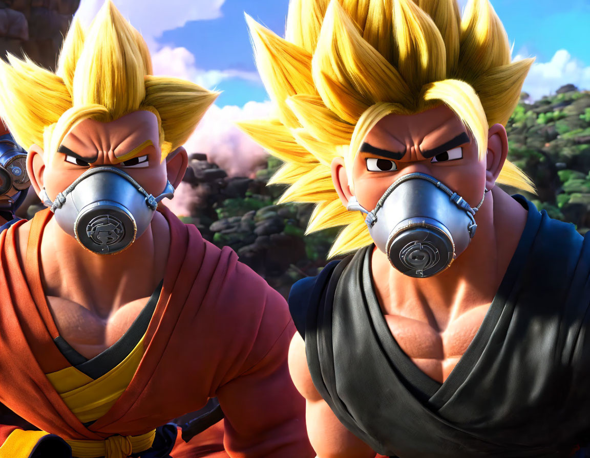 Spiky Blonde-Haired Animated Characters in Gas Masks with Martial Arts Outfits
