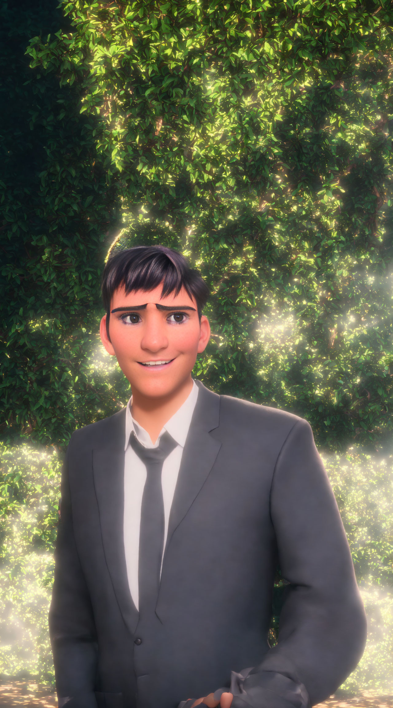 Smiling male character in suit with sunlight and green foliage.