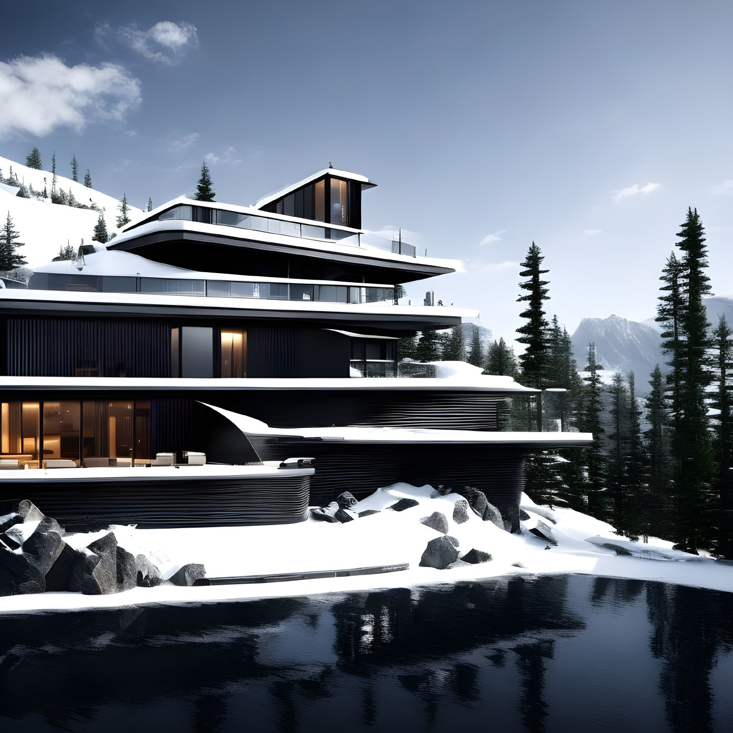 Modern Multi-Level House with Glass Windows in Snowy Landscape