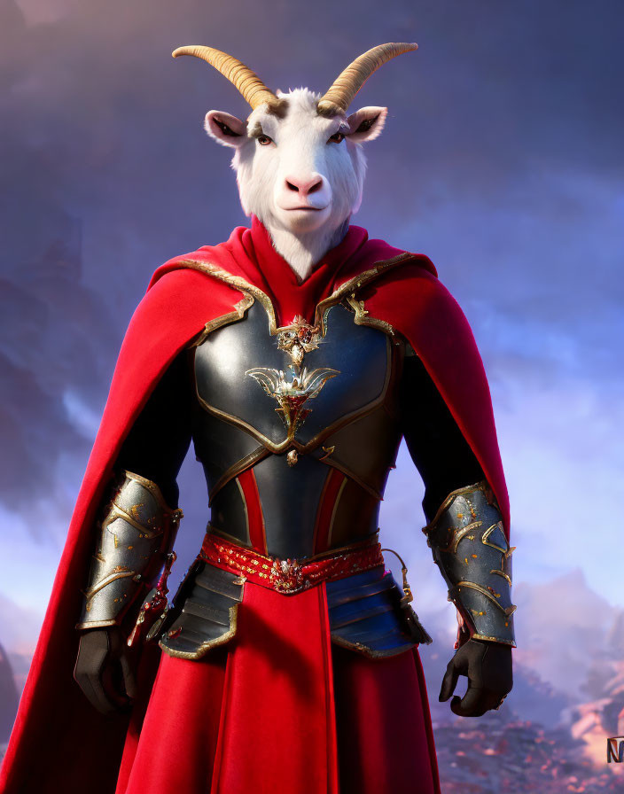 Humanoid Goat Character in Red Cloak and Medieval Armor Stands Heroically