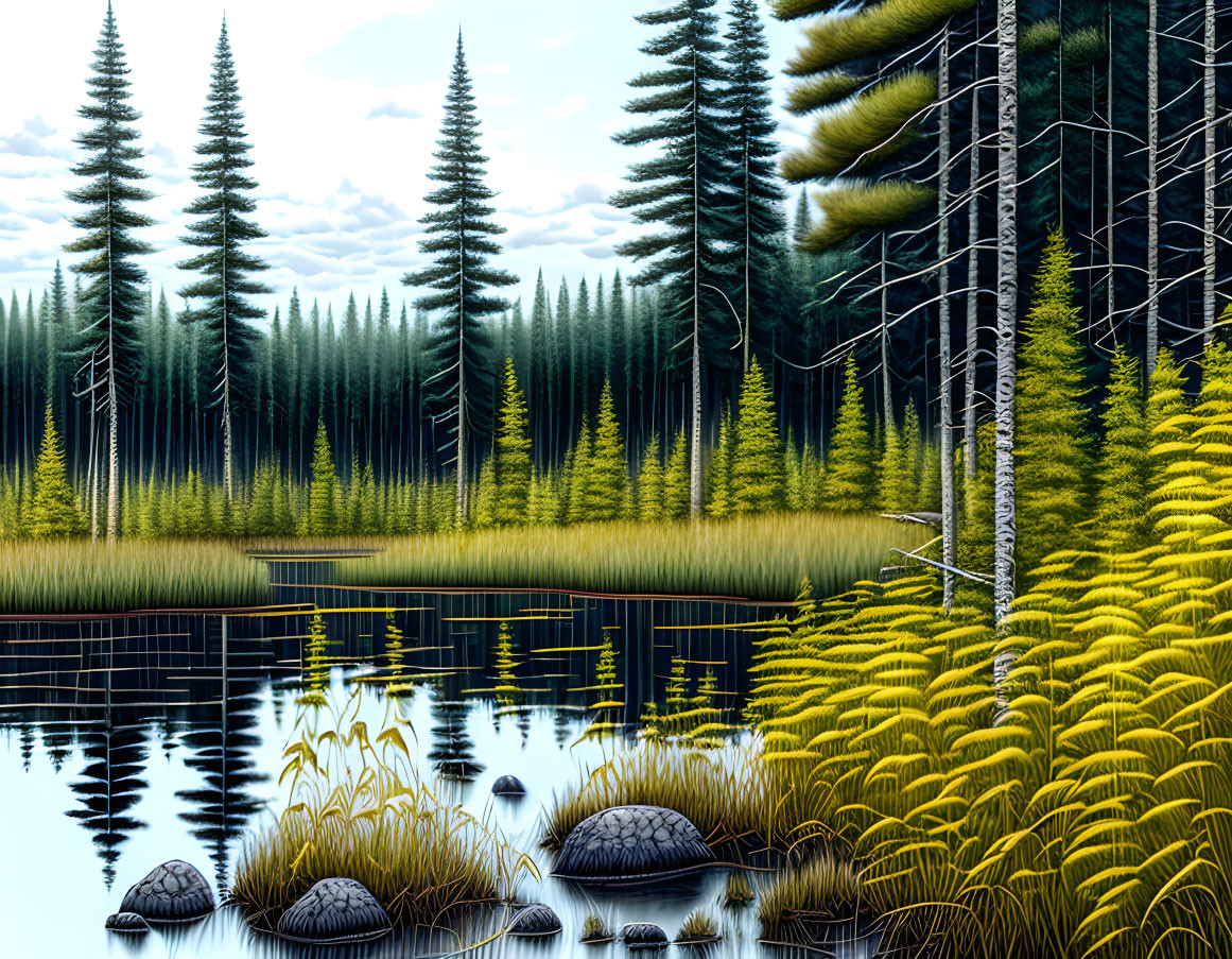 Tranquil forest scene with evergreen trees, serene lake, reeds, and stones under clear