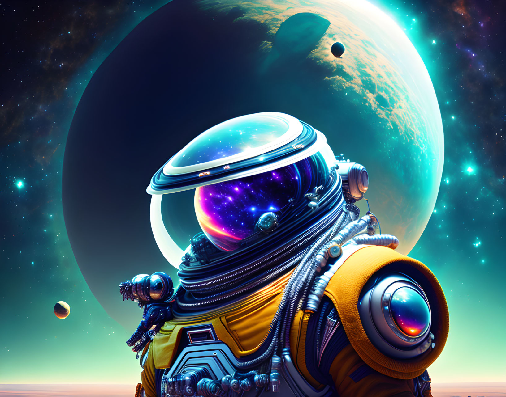Astronaut with Reflective Visor in Cosmic Scenery