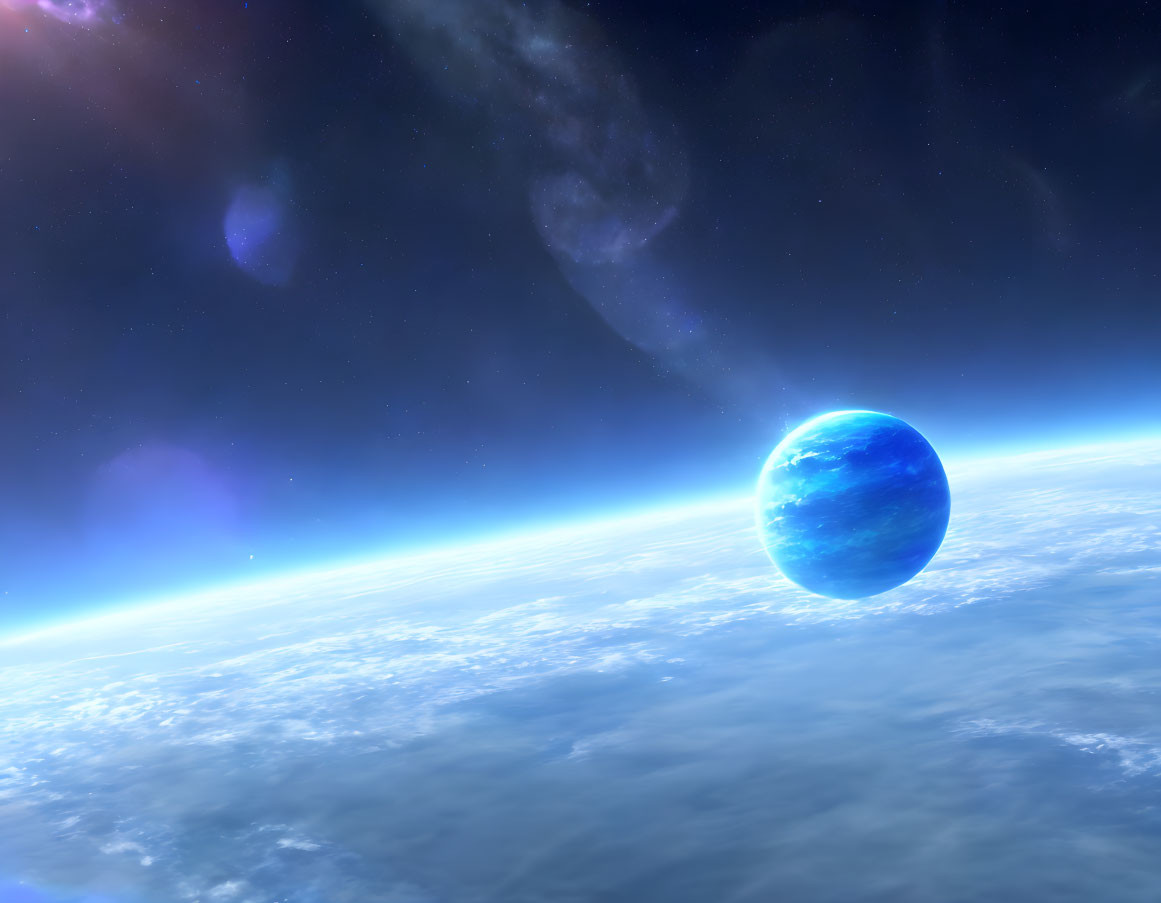 Glowing Earth from space with blue hues, clouds, and stars