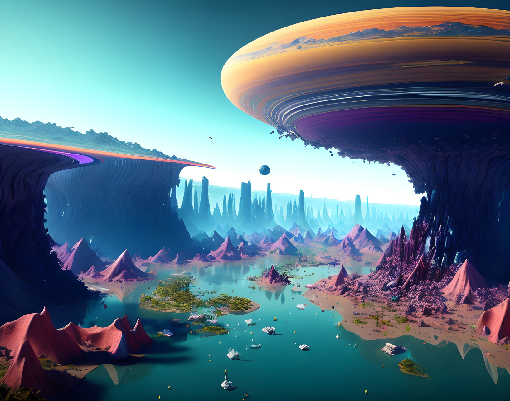 Alien landscape with rock formations, lake, colorful scenery & ringed planets