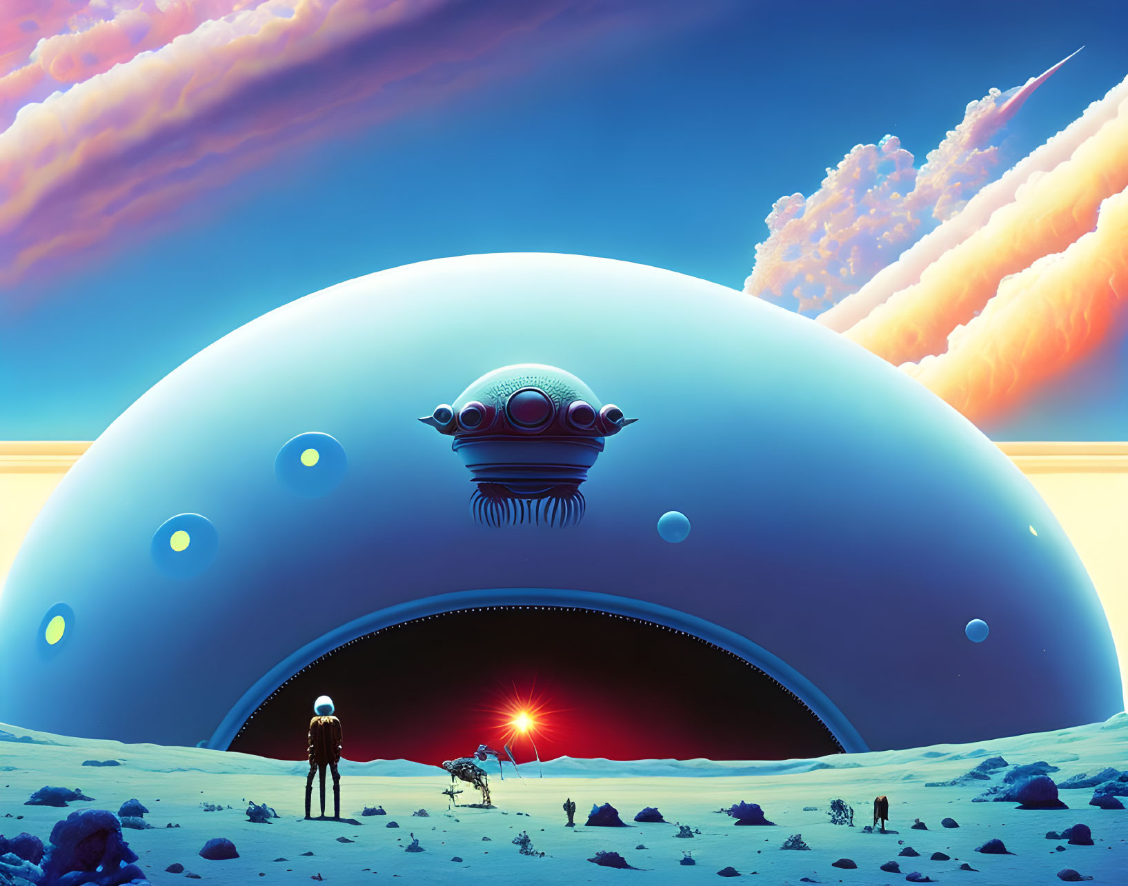 Person and dog on alien planet with giant spherical structure and comet-filled sky.