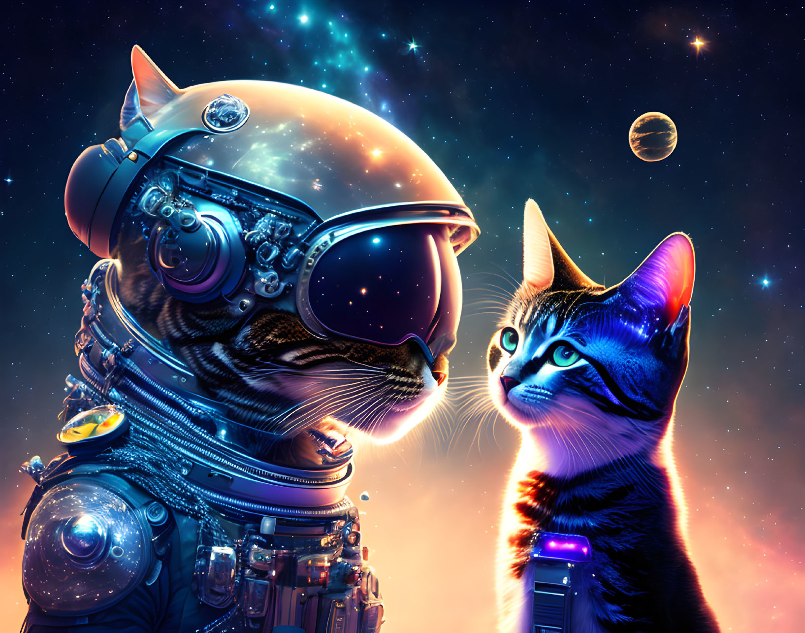 Astronaut and cat in reflective space suit against cosmic backdrop