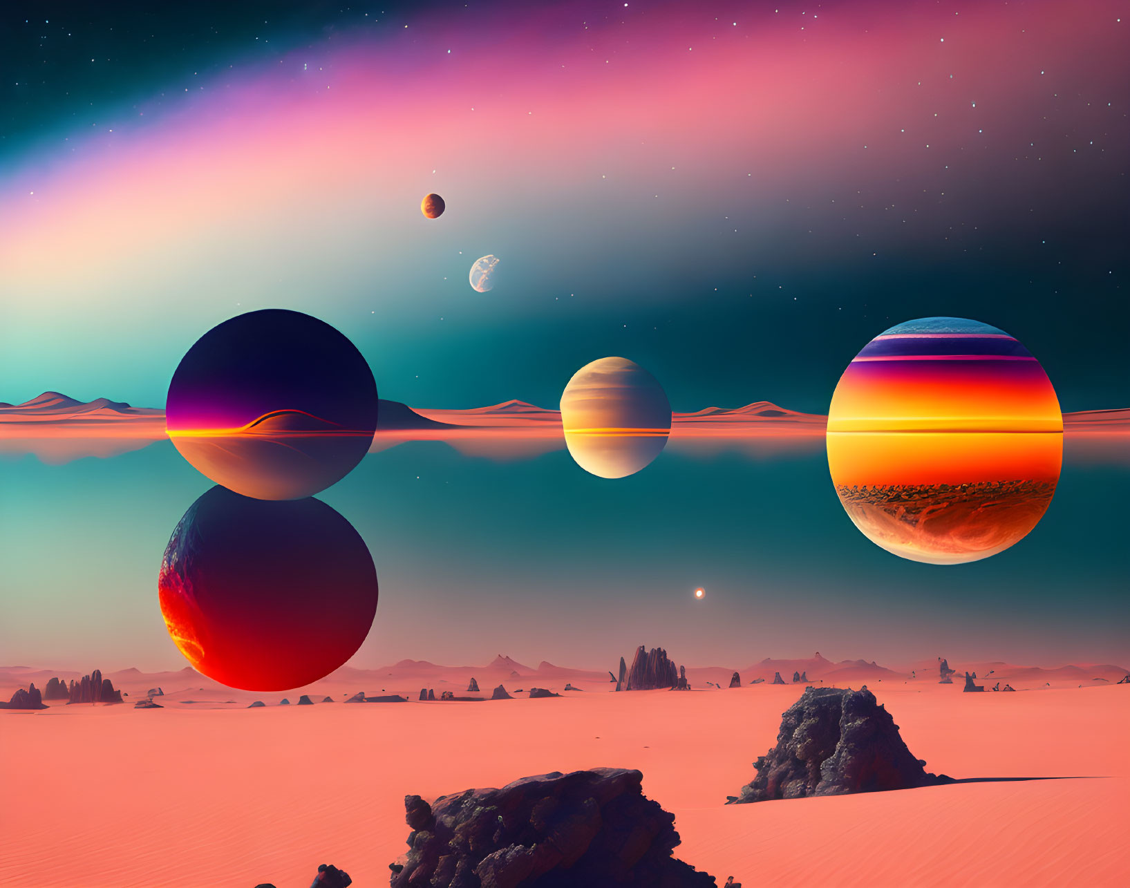 Colorful Sky Over Surreal Desert Landscape with Multiple Planets