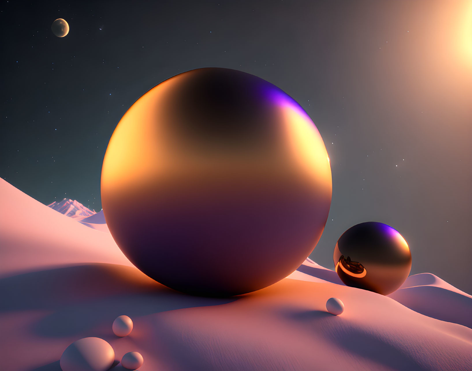 Surreal landscape with shiny golden spheres on sandy terrain